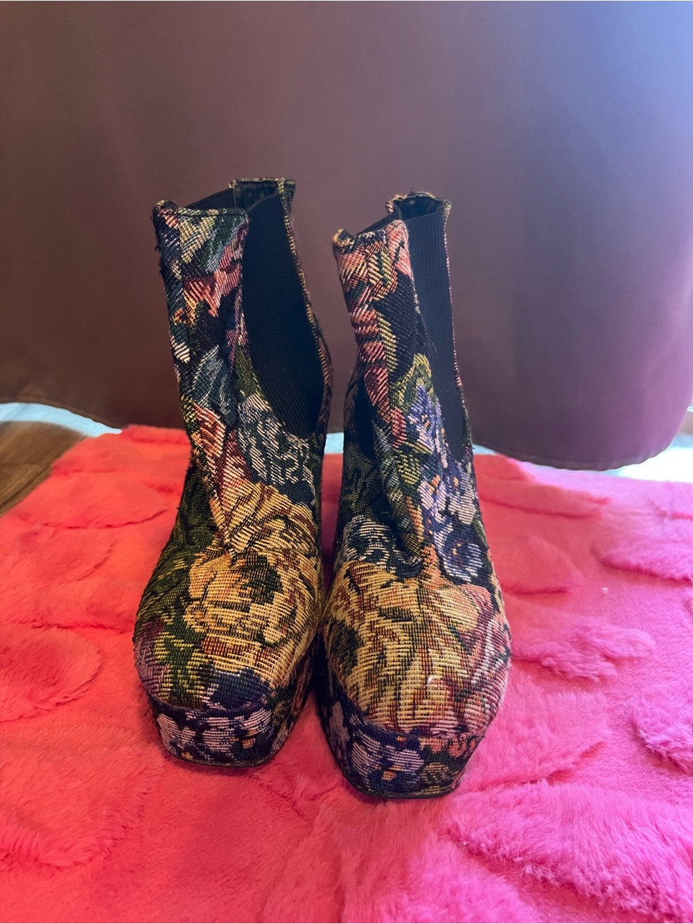 Floral Tapestry Platform Ankle Boots - Multi